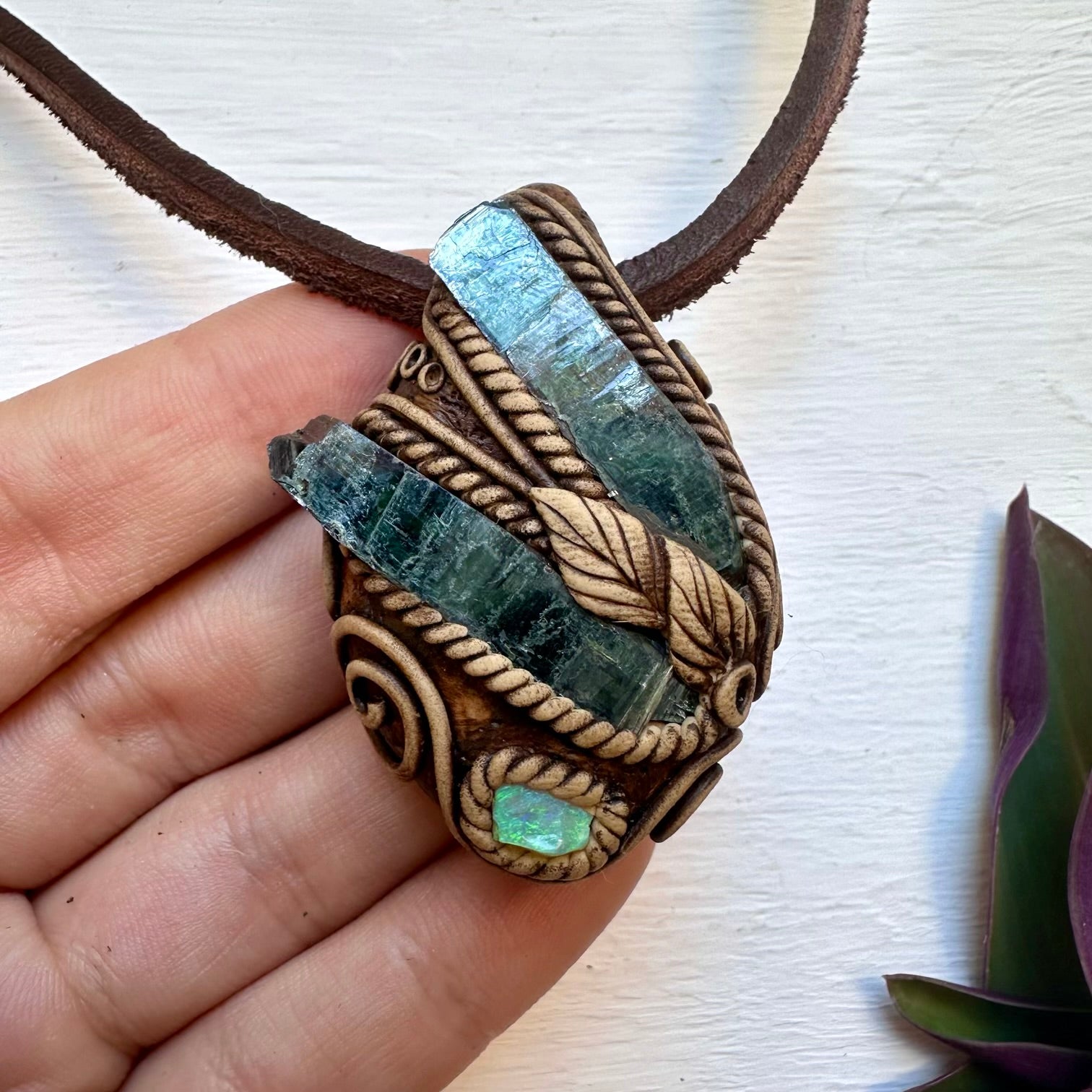 Vivianite and Australian Opal Pendant Necklace - FairyGardenGlow