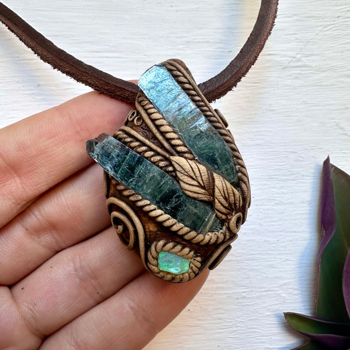 Vivianite and Australian Opal Pendant Necklace - FairyGardenGlow
