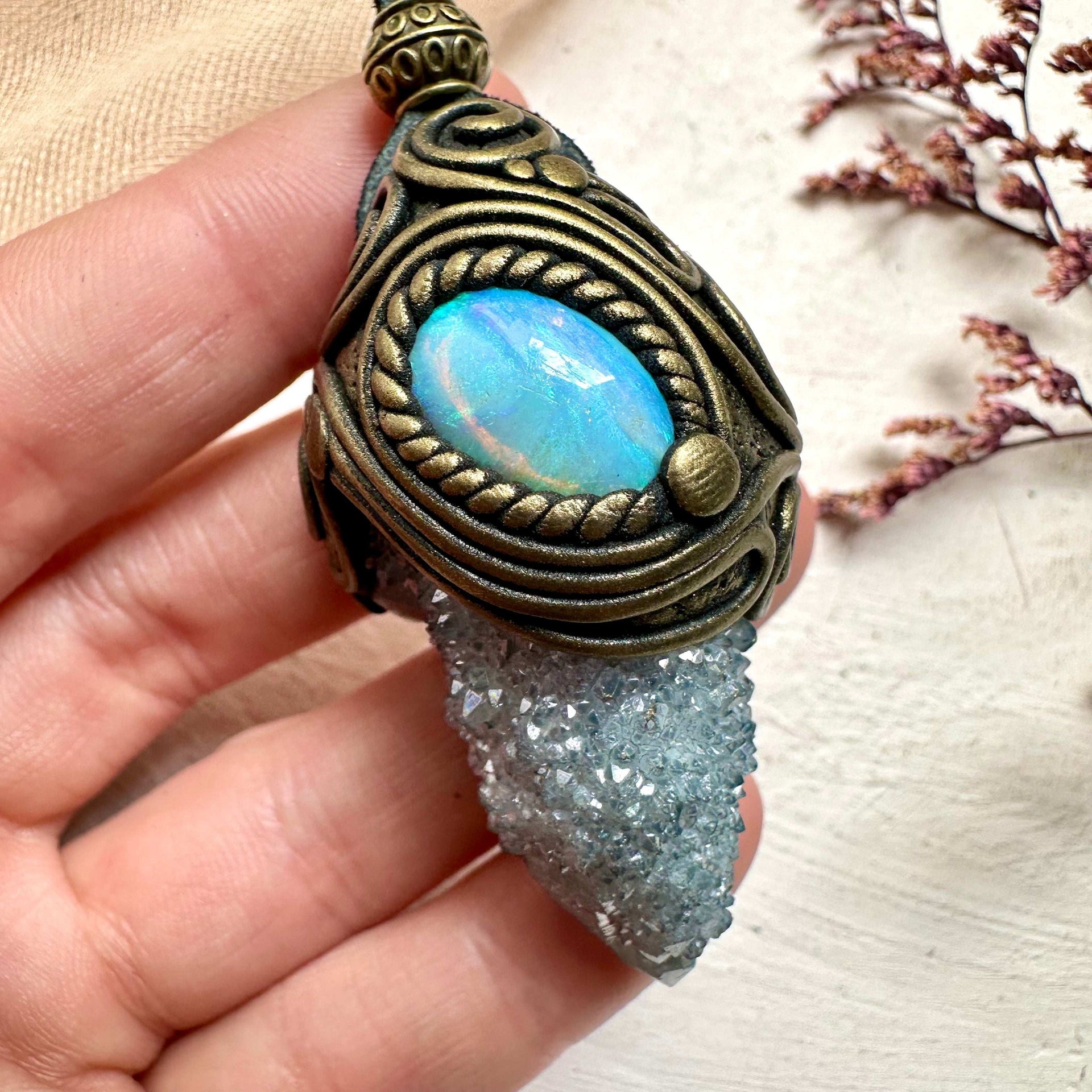 Aqua Aura Spirit Quartz and Australian Opal Necklace - FairyGardenGlow
