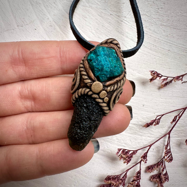 Moldavite and Raw Chrysocolla Necklace - FairyGardenGlow