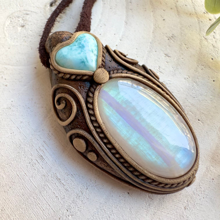 Healing crystal necklace for peace and self-love with larimar and moonstone
