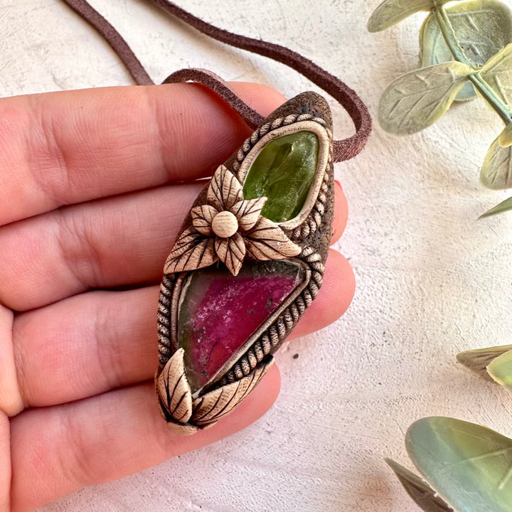 Crystal healing necklace with Watermelon Tourmaline and Peridot