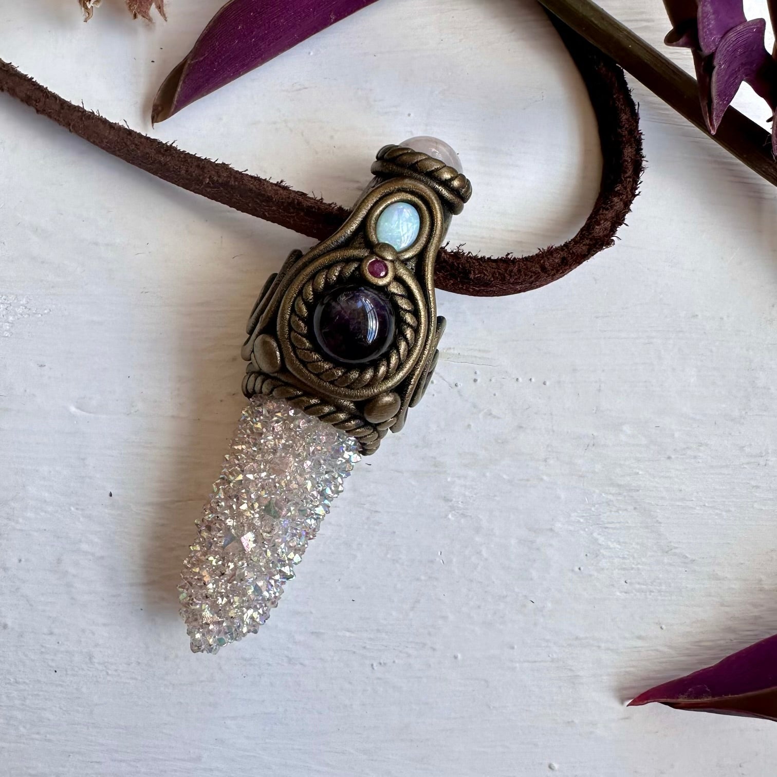 Angel Aura Spirit Quartz Morganite Amethyst Australian Opal and Ruby Pendant Necklace - FairyGardenGlow