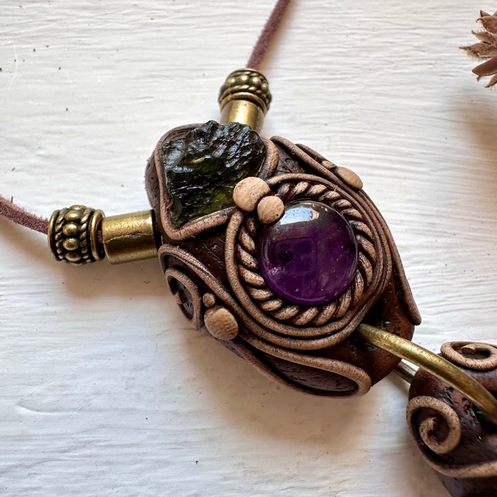 Cobalt Aura Quartz Necklace, Moldavite Amethyst and Emerald Crystal Necklace - FairyGardenGlow