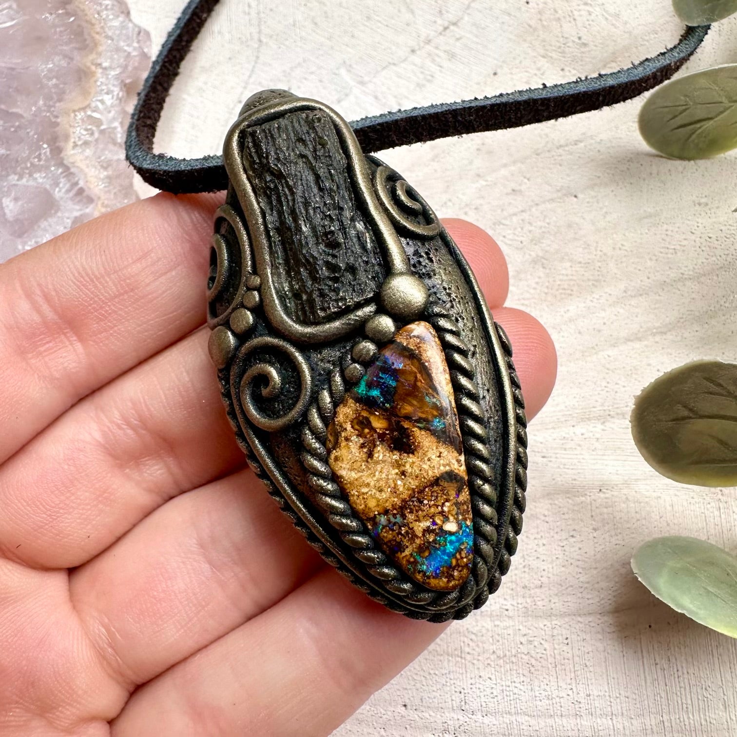 Boulder Opal and Moldavite Pendant, Unisex One of a Kind Necklace
