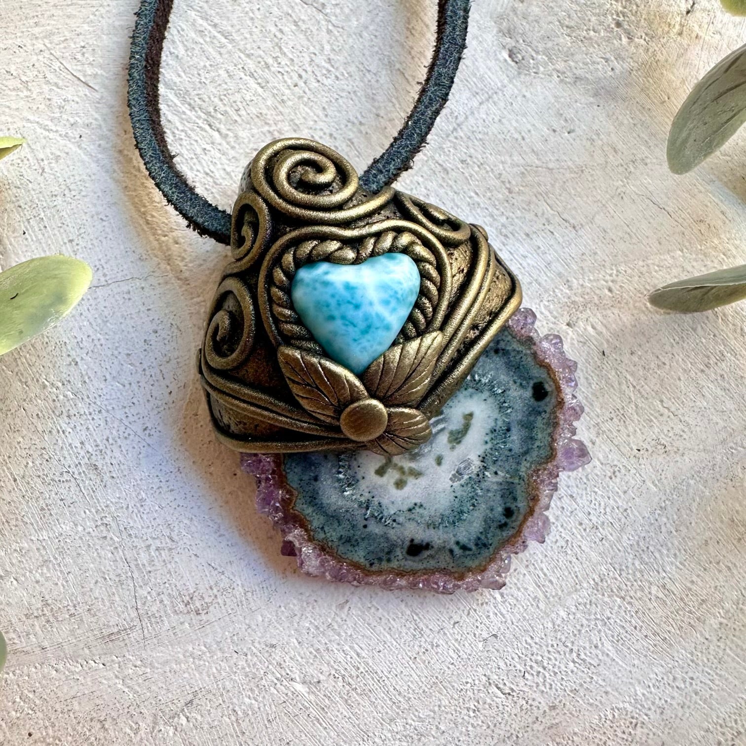 Spiritual crystal necklace handcrafted with Amethyst Stalactite and Larimar.