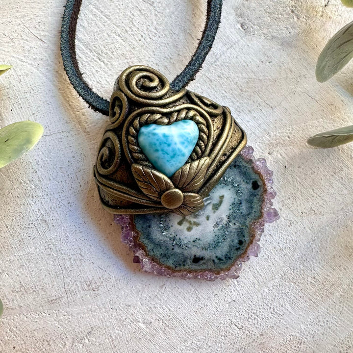 Spiritual crystal necklace handcrafted with Amethyst Stalactite and Larimar.
