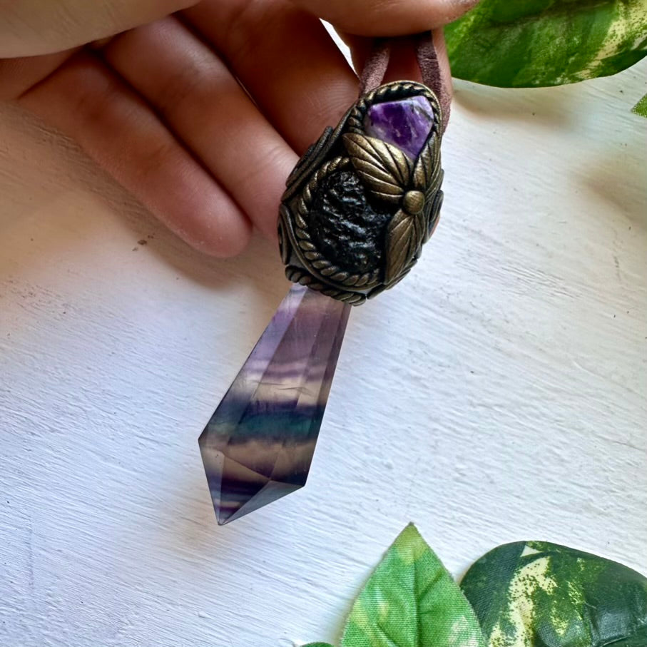 Rainbow Fluorite Moldavite and Charoite Healing Crystal Talisman - FairyGardenGlow