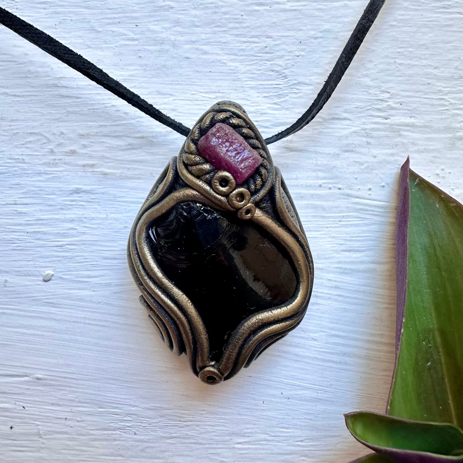 Raw Black Obsidian and Ruby Necklace