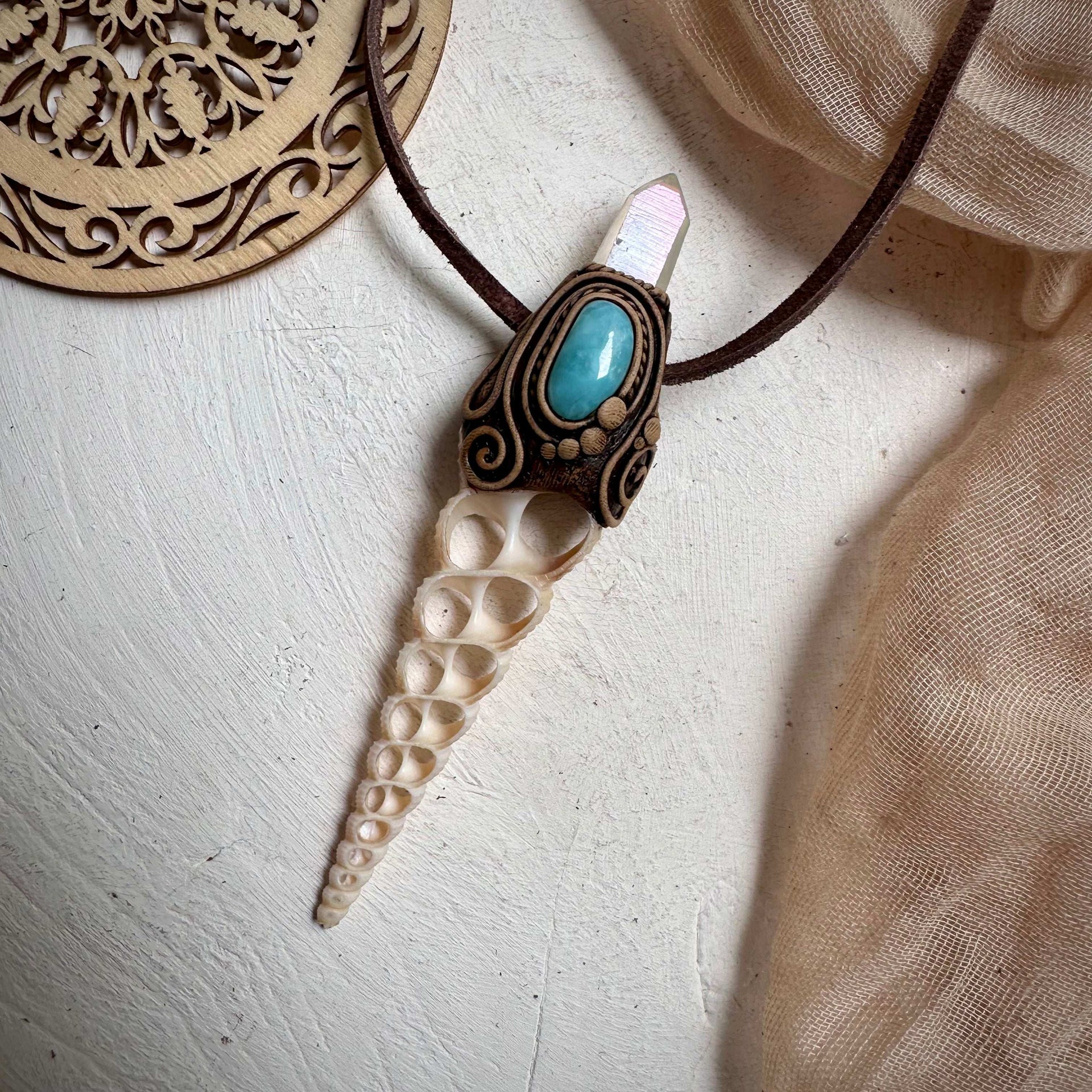 Seashell Slice Angel Aura Quartz and Larimar Necklace - FairyGardenGlow