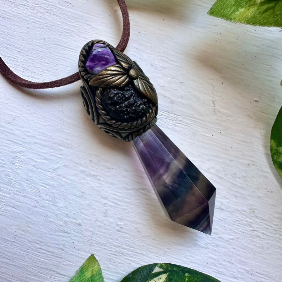 Rainbow Fluorite Moldavite and Charoite Healing Crystal Talisman - FairyGardenGlow