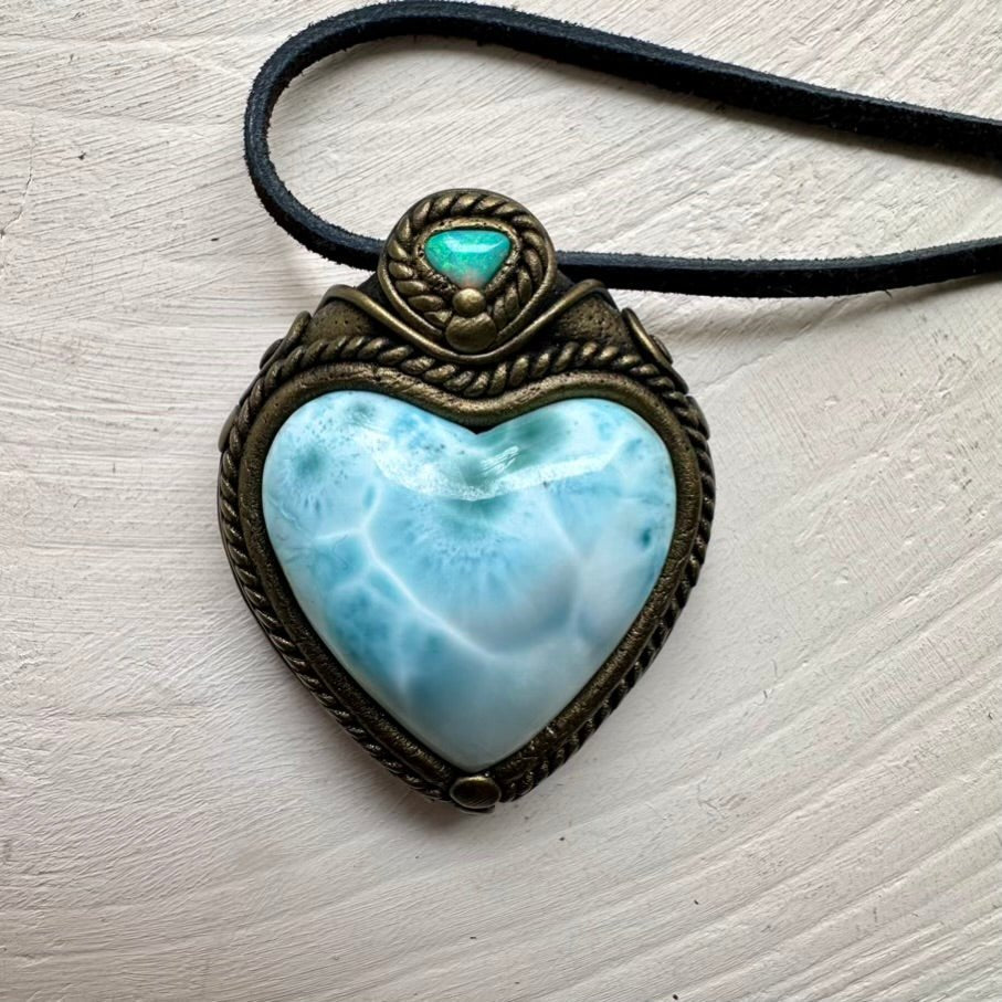 Larimar Heart and Australian Opal Necklace FairyGardenGlow