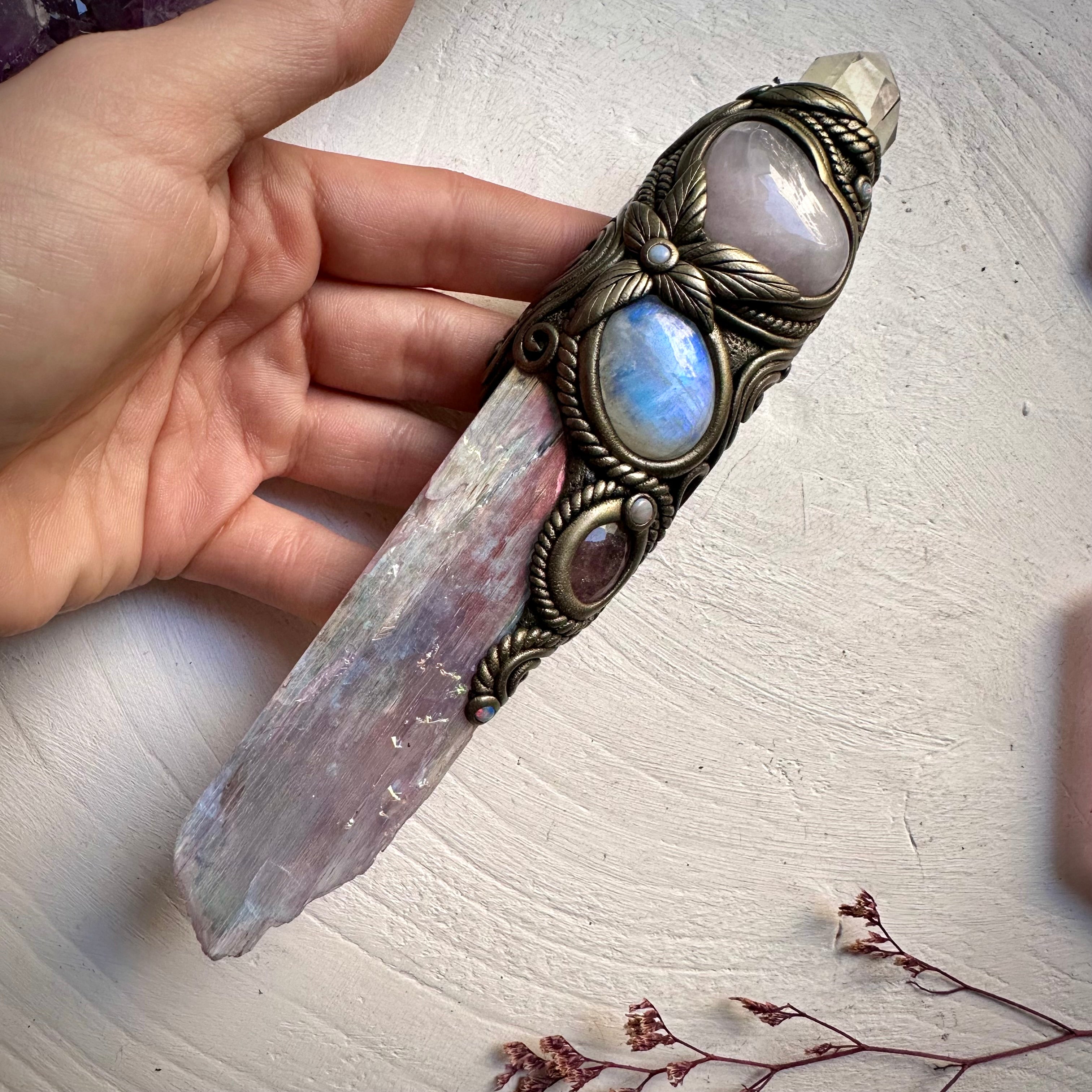Angel Aura Kunzite with Citrine Point Rose Quartz Heart Strawberry Quartz Rainbow Moonstone and Australian Opal Wand - FairyGardenGlow
