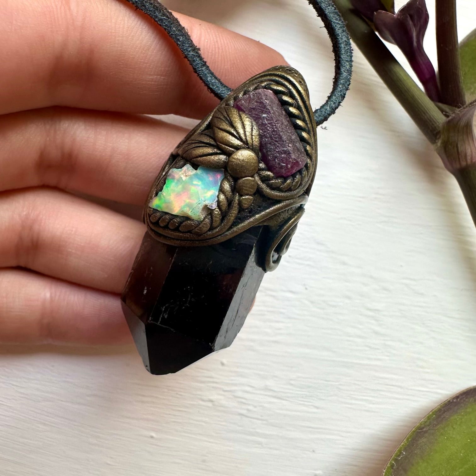 Smoky Quartz Ruby and Raw Opal Necklace - FairyGardenGlow