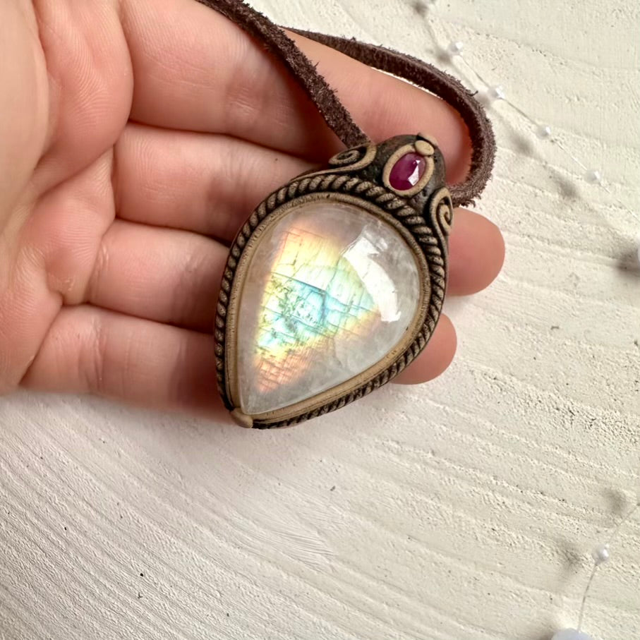 Rainbow Moonstone and Ruby Necklace