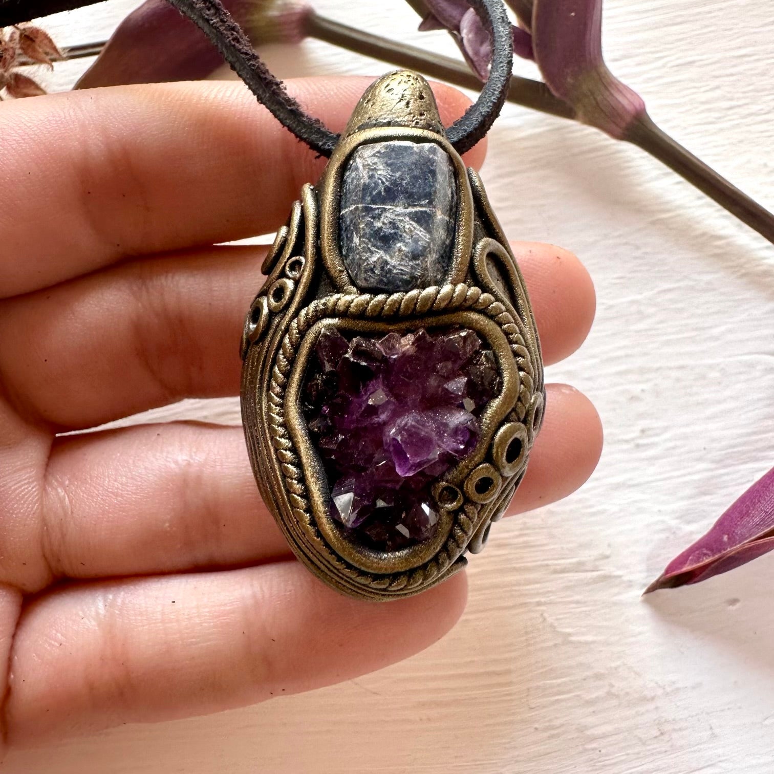 Amethyst Cluster and Raw Blue Sapphire Pendant Necklace - FairyGardenGlow
