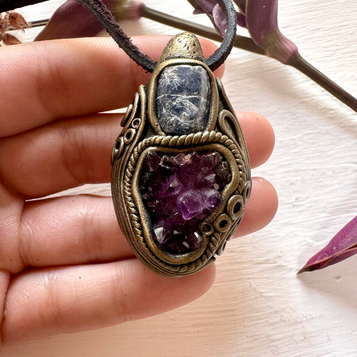 Amethyst Cluster and Raw Blue Sapphire Pendant Necklace - FairyGardenGlow
