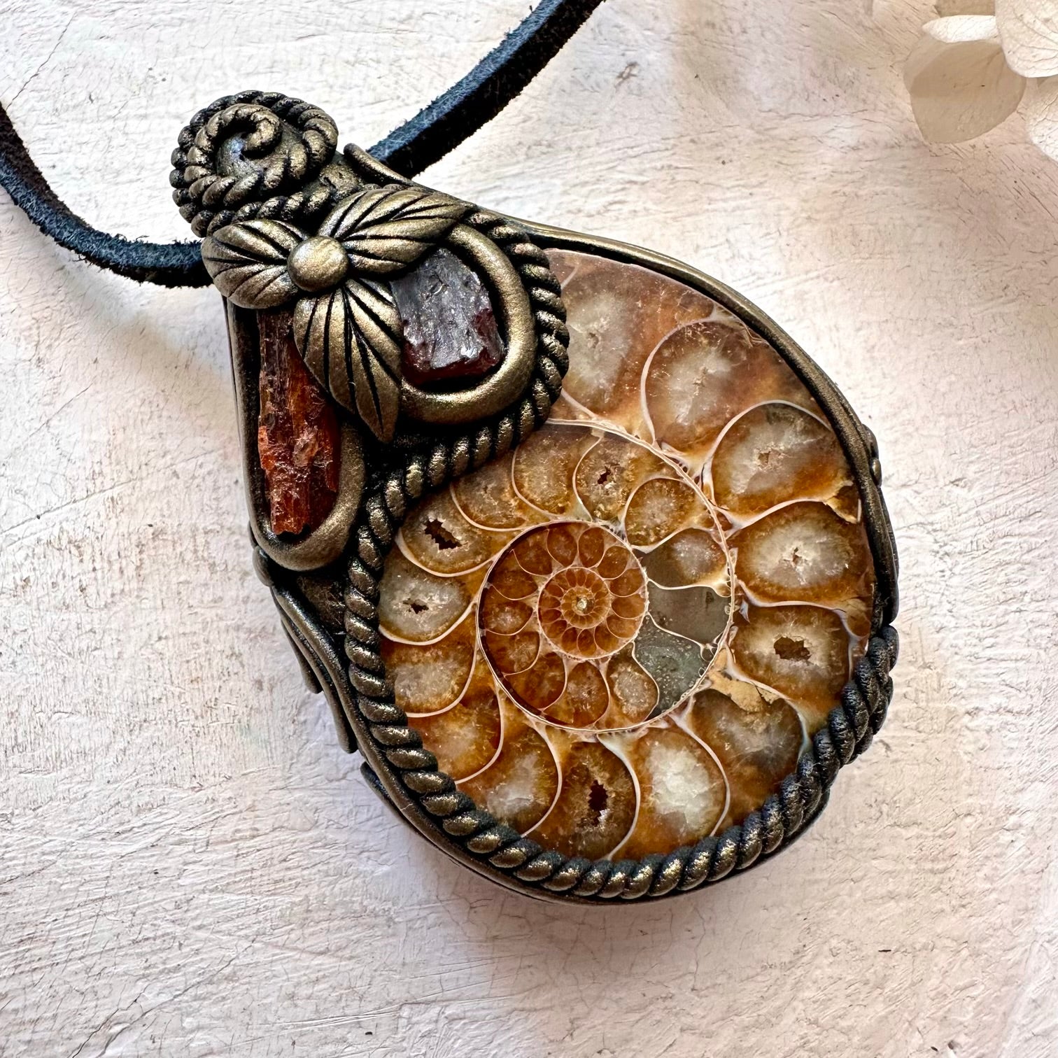 Ammonite Red Garnet and Orange Kyanite Pendant Necklace - FairyGardenGlow