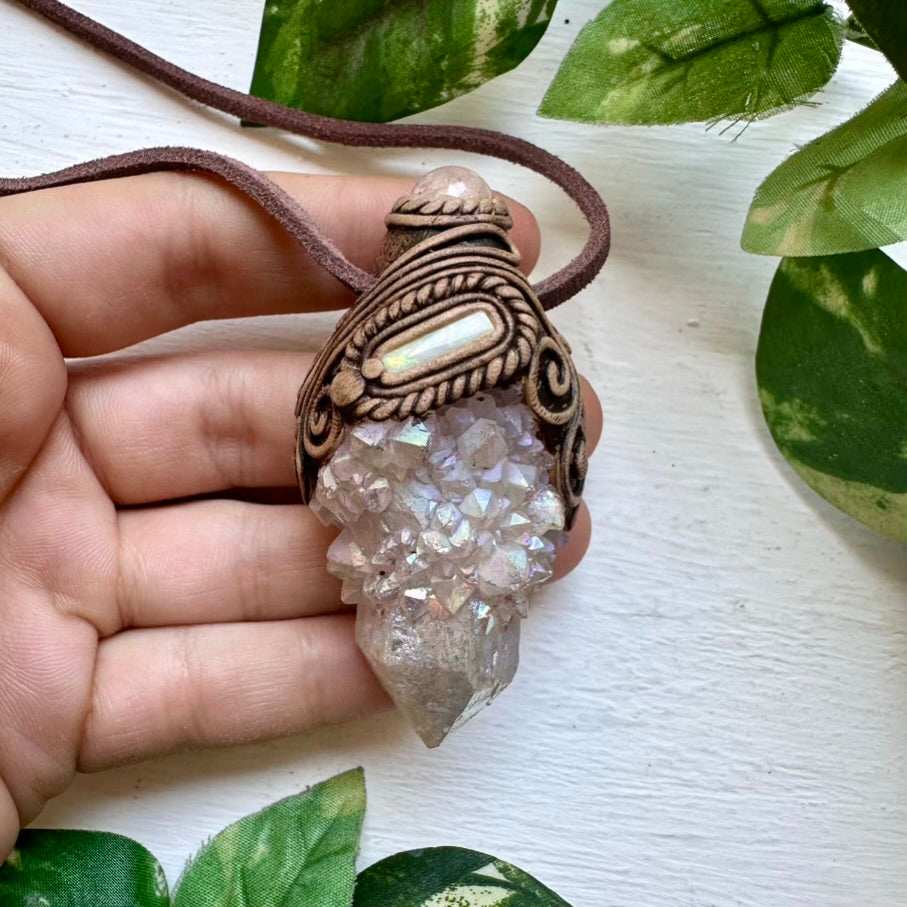 Angel Aura Spirit Quartz Morganite and Australian Opal Pendant Necklace - FairyGardenGlow