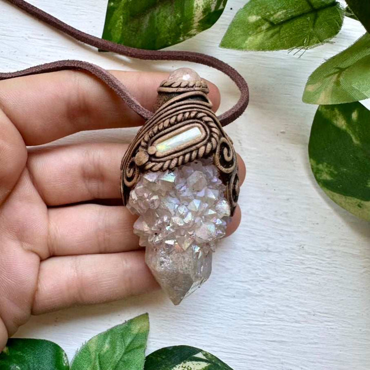 Angel Aura Spirit Quartz Morganite and Australian Opal Pendant Necklace - FairyGardenGlow