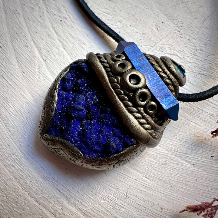 Azurite with Cobalt Aura Quartz and Black Australian Opal Pendant Necklace - FairyGardenGlow