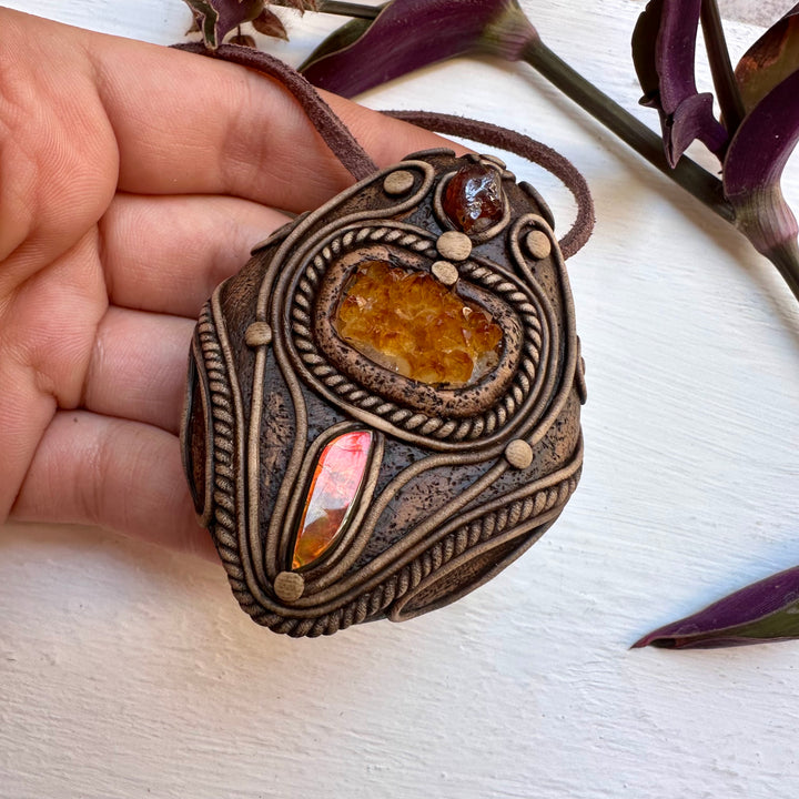 Citrine Cluster Ammolite and Hessonite Garnet Necklace - FairyGardenGlow