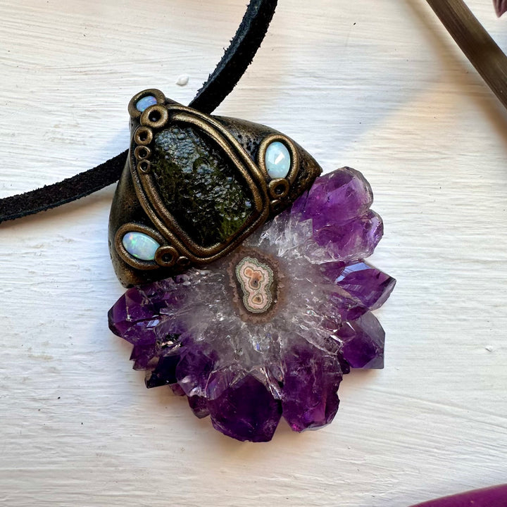 Amethyst Stalactite Moldavite and Australian Opal Necklace - FairyGardenGlow
