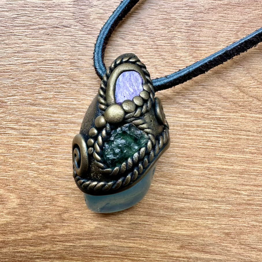 Aquamarine Charoite and Moldavite Necklace, Handmade Crystal Jewelry - FairyGardenGlow