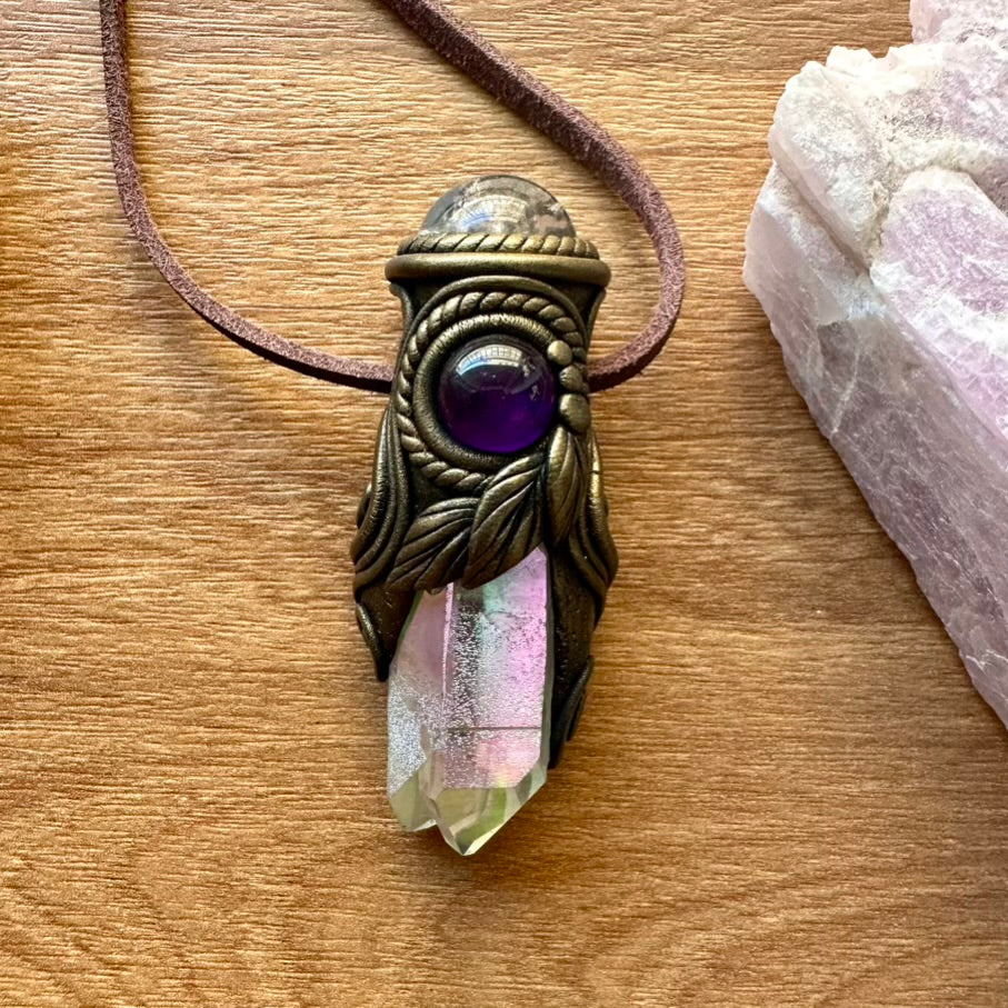Angel Aura Quartz Clear Quartz Sphere and Amethyst Healing Crystal Talisman / Mini Crystal Wand - FairyGardenGlow