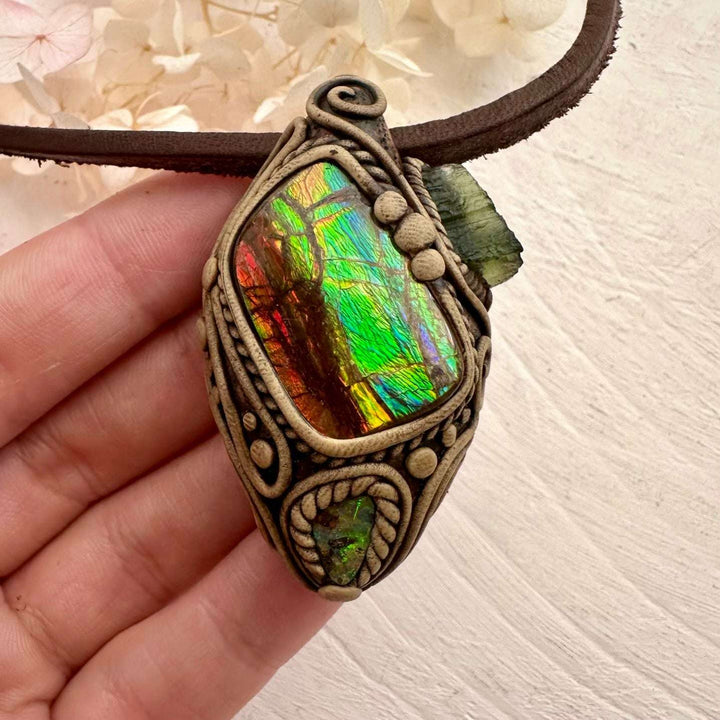 Ammolite Boulder Opal and Moldavite Necklace - FairyGardenGlow