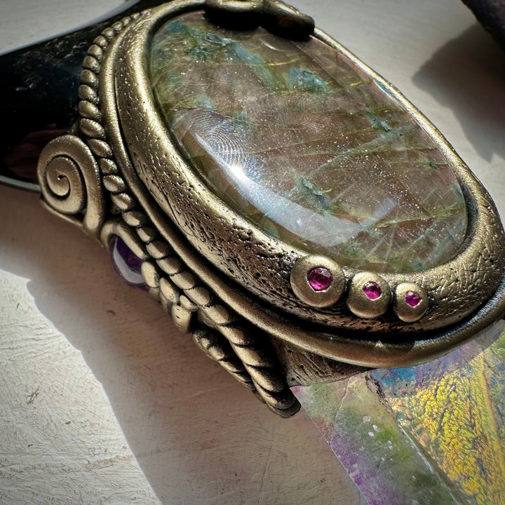 Large Angel Aura Quartz Black Obsidian Moon Labradorite Australian Opal Amethyst and Ruby Wand - FairyGardenGlow