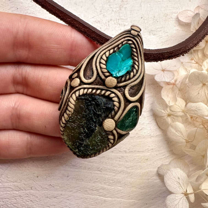 Moldavite Green Tourmaline and Chrysocolla Necklace - FairyGardenGlow