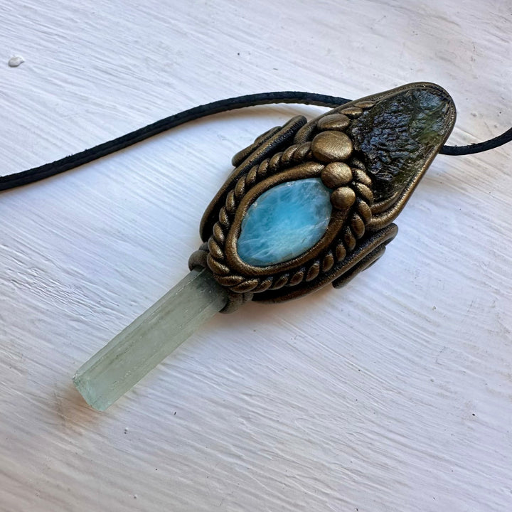Aquamarine Larimar and Moldavite Necklace - FairyGardenGlow