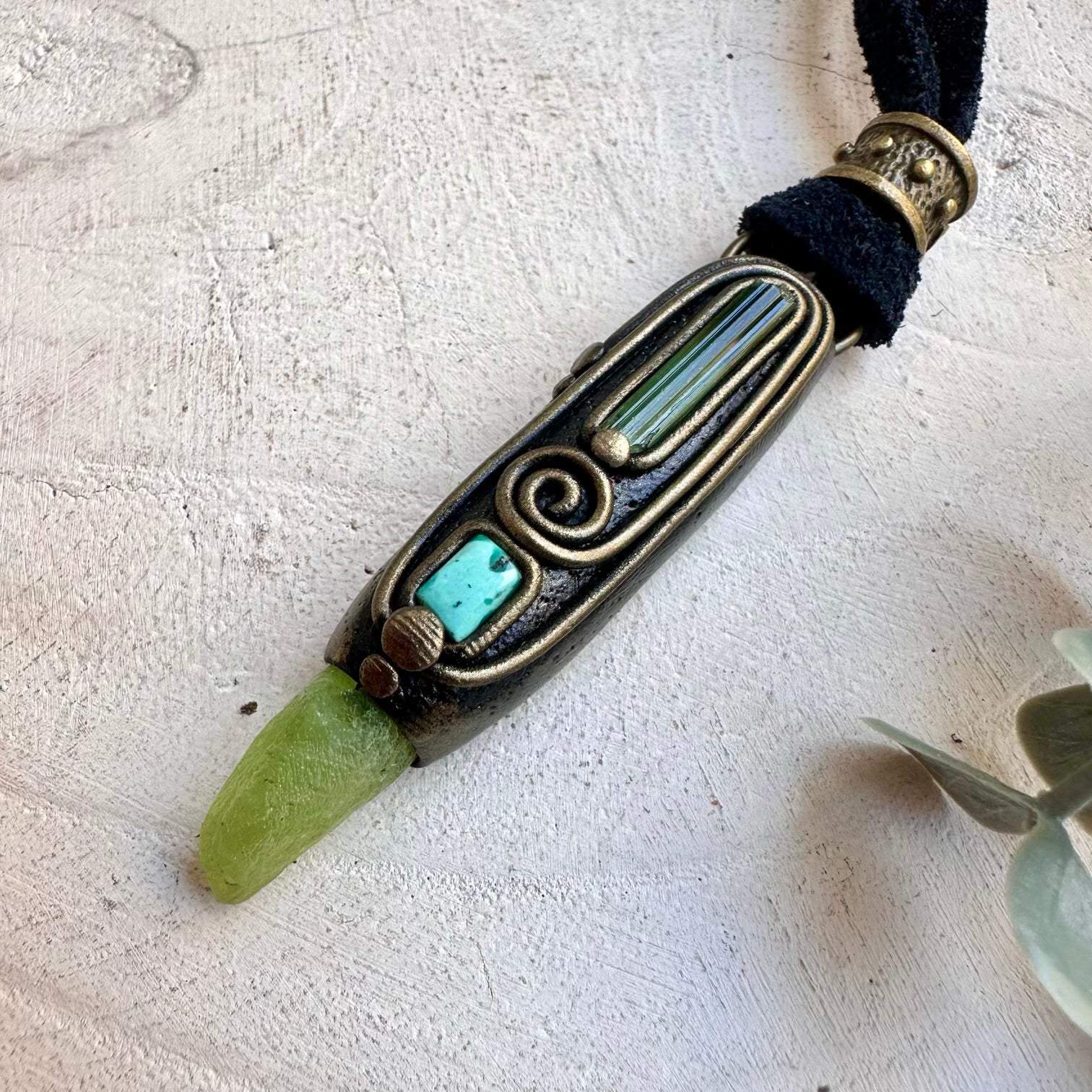 Peridot, Green Tourmaline and Tibetan Turquoise pendant necklace handmade with natural gemstones