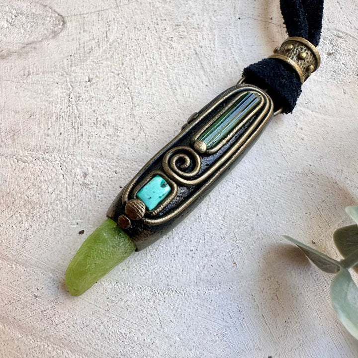Peridot, Green Tourmaline and Tibetan Turquoise pendant necklace handmade with natural gemstones