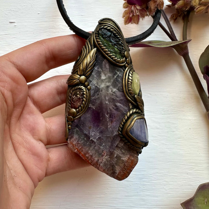 Super Seven Quartz Moldavite Tanzanite Red Garnet and Brazilianite Wand / Pendant - FairyGardenGlow