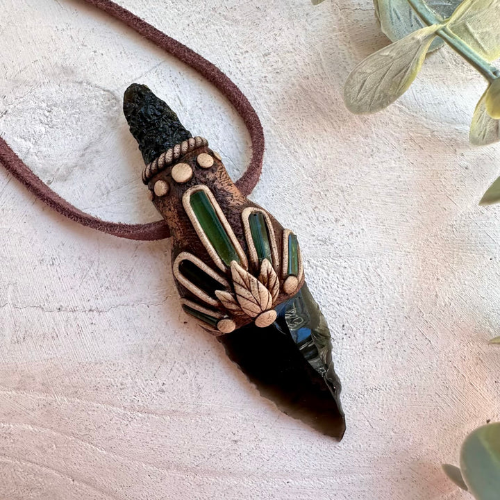 Spiritual protection necklace with Black Tektite and Green Tourmaline gemstones