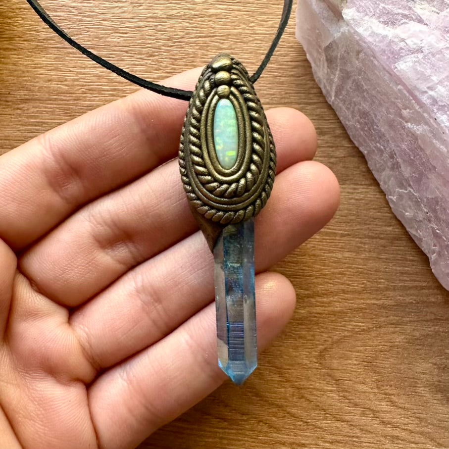 Aqua Aura Quartz and Australian Opal Pendant Necklace - FairyGardenGlow