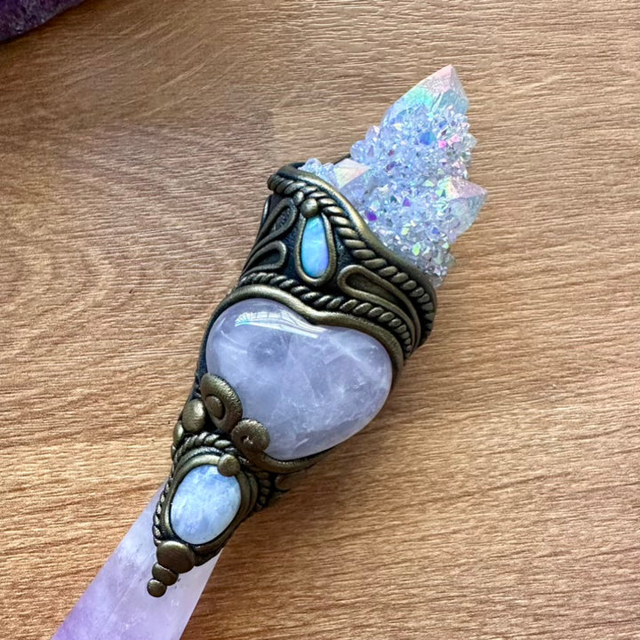 Lavender Fluorite Wand, Angel Aura Spirit Quartz, Rose Quartz Heart, Moonstone and Australian Opal Crystal Wand - FairyGardenGlow