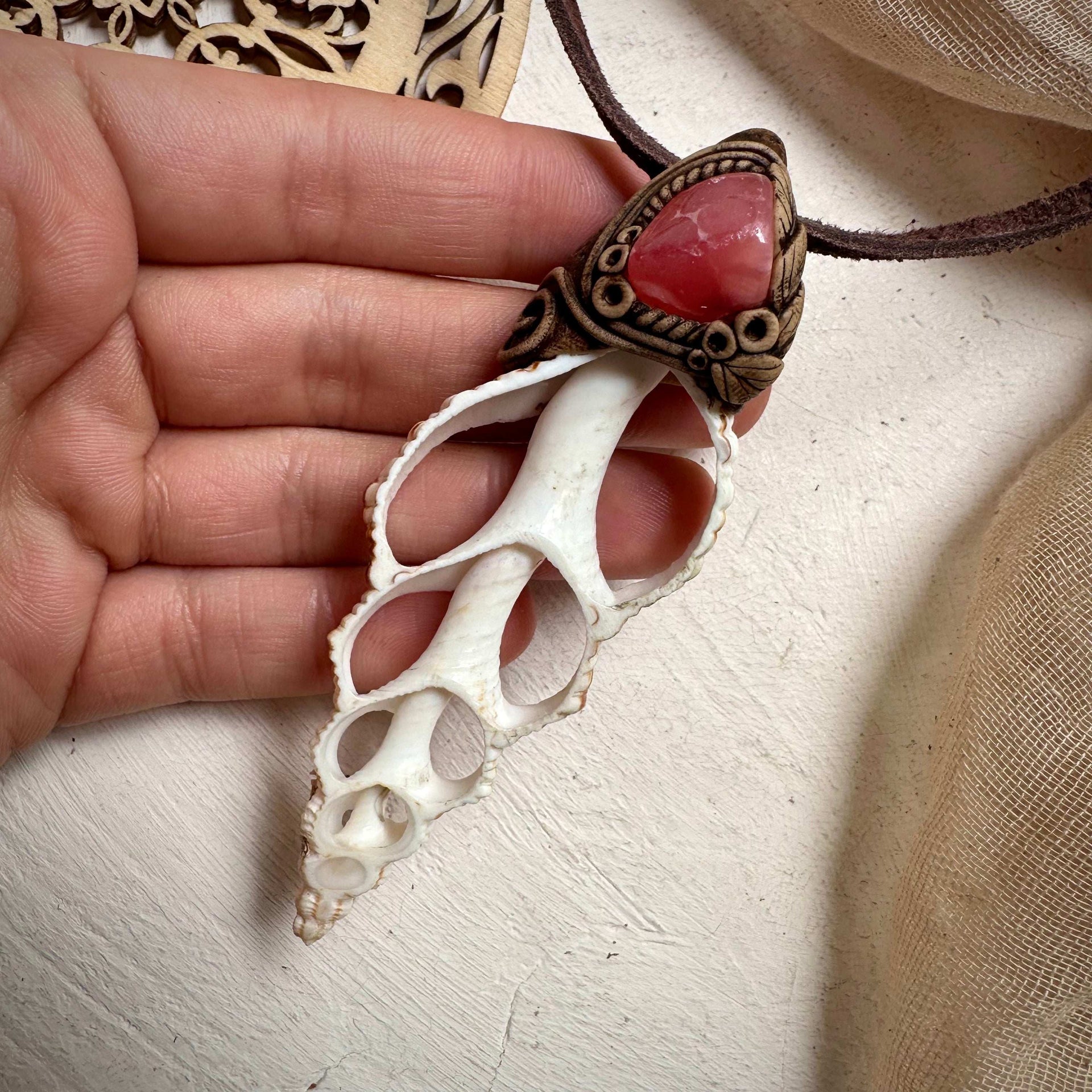 Seashell and Rhdoochrosite Necklace - FairyGardenGlow