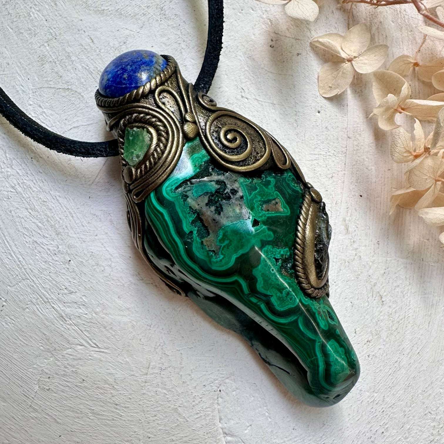 Malachite with Lapis Lazuli Moldavite and Tsavorite Wand / Pendant - FairyGardenGlow