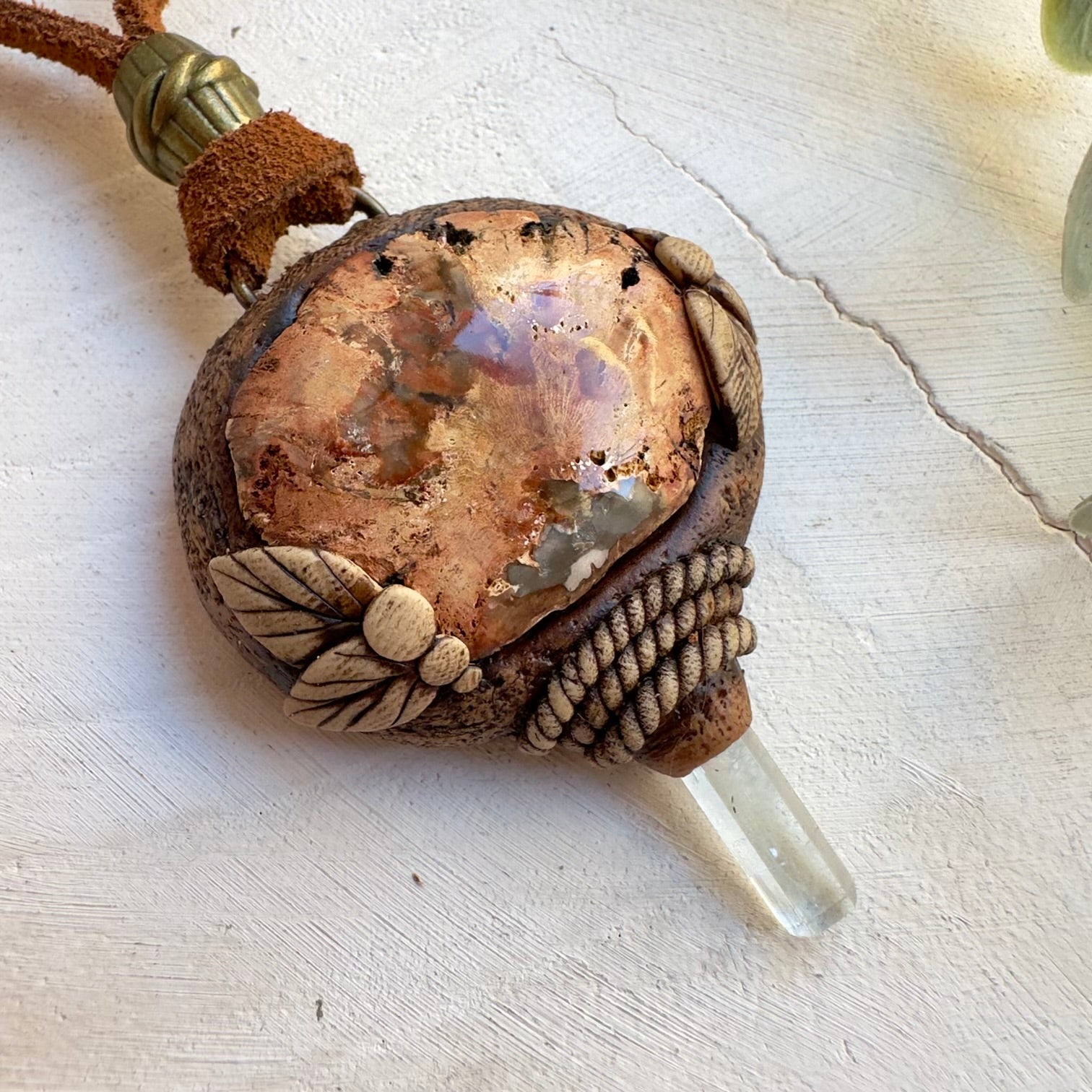 Earthy boho necklace talisman with natural healing crystals
