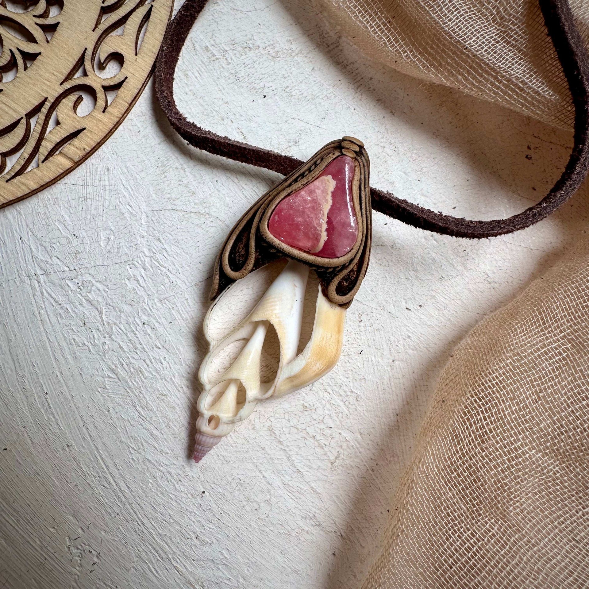 Seashell and Rhodochrosite Pendant - FairyGardenGlow