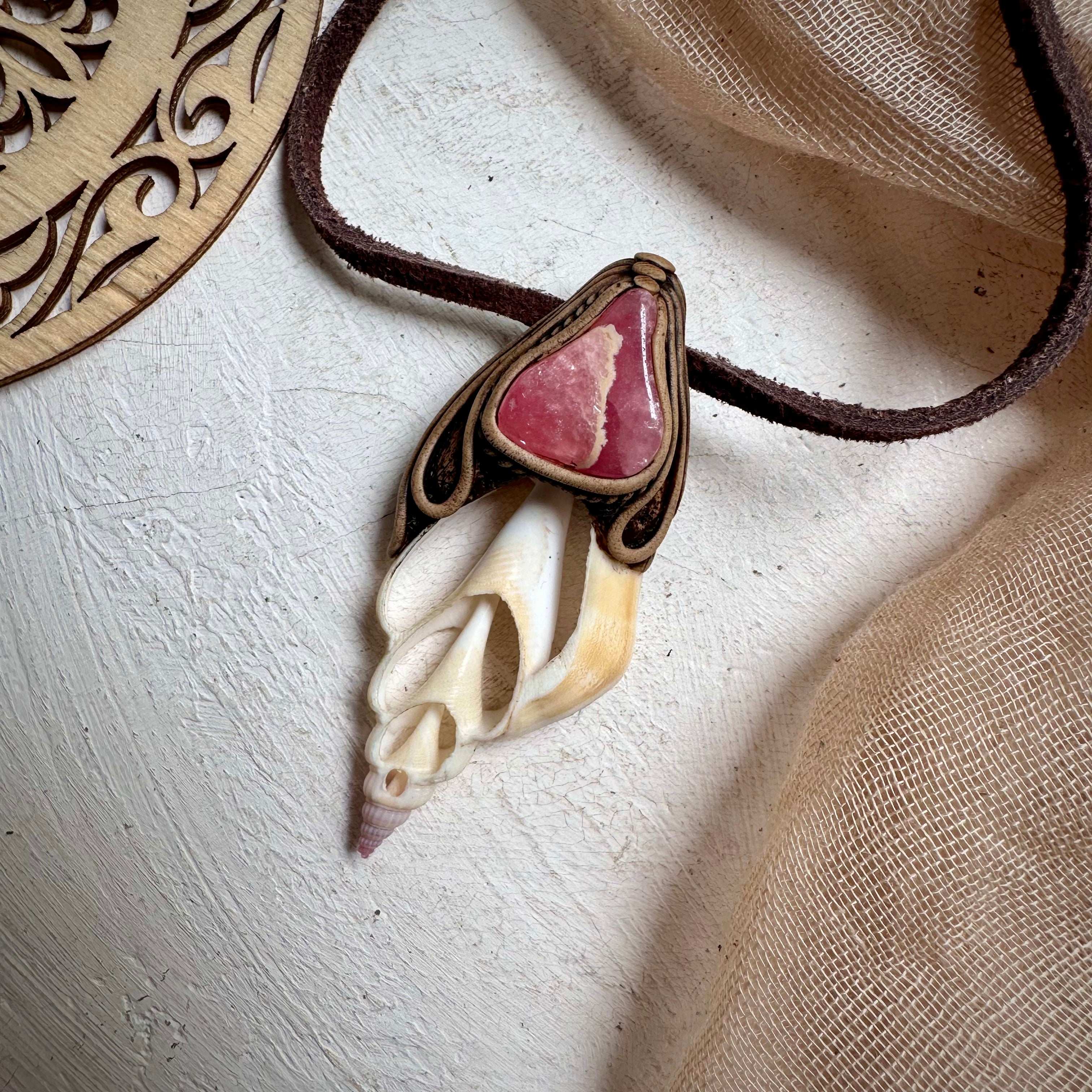 Seashell and Rhodochrosite Pendant - FairyGardenGlow