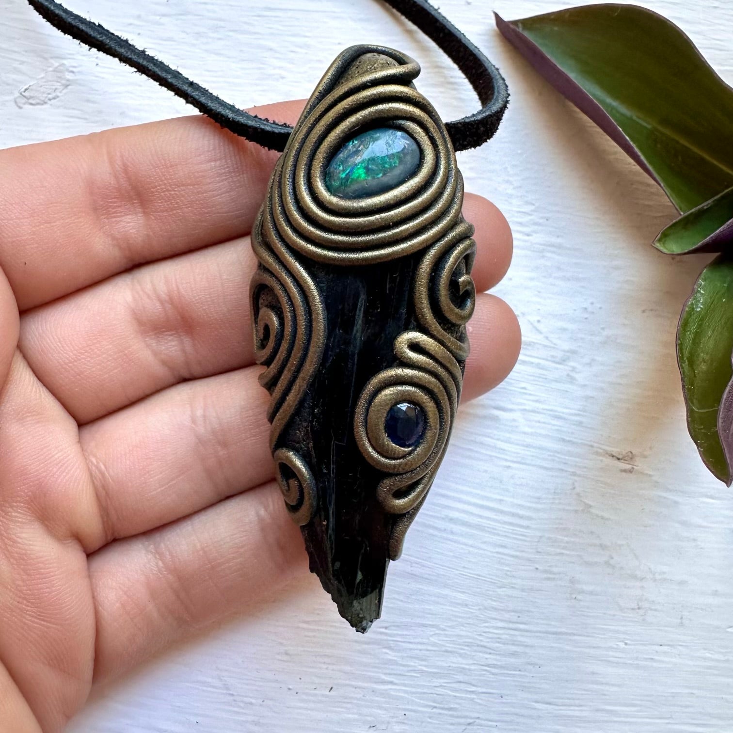 Vivianite Dark Australian Opal and Blue Sapphire Necklace, Handmade Crystal Necklace