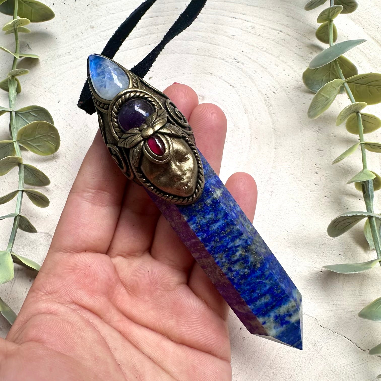 Divine feminine crystal wand jewelry featuring Lapis Lazuli and Moonstone