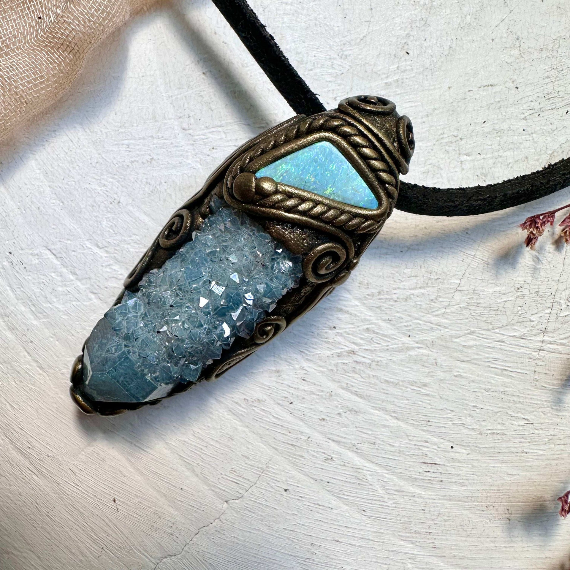 Aqua Aura Spirit Quartz and Australian Opal Doublet Necklace - FairyGardenGlow