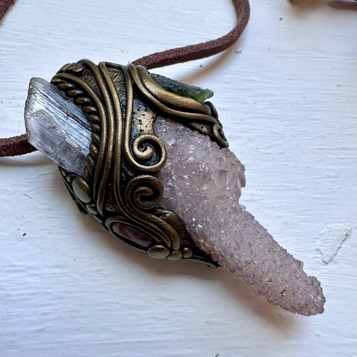Spirit Quartz Kunzite Moldavite and Ruby Necklace - FairyGardenGlow