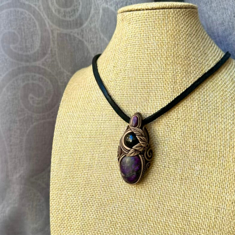 Purpurite Black Onyx and Ruby Necklace, Handmade Crystal Pendant