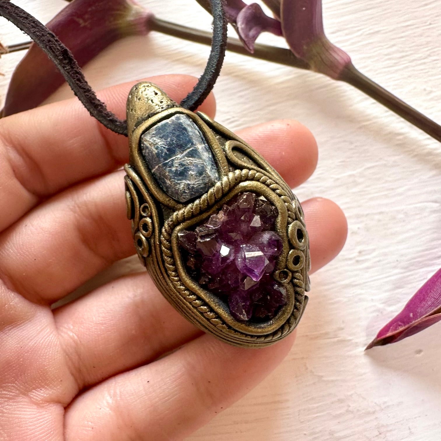 Amethyst Cluster and Raw Blue Sapphire Pendant Necklace - FairyGardenGlow